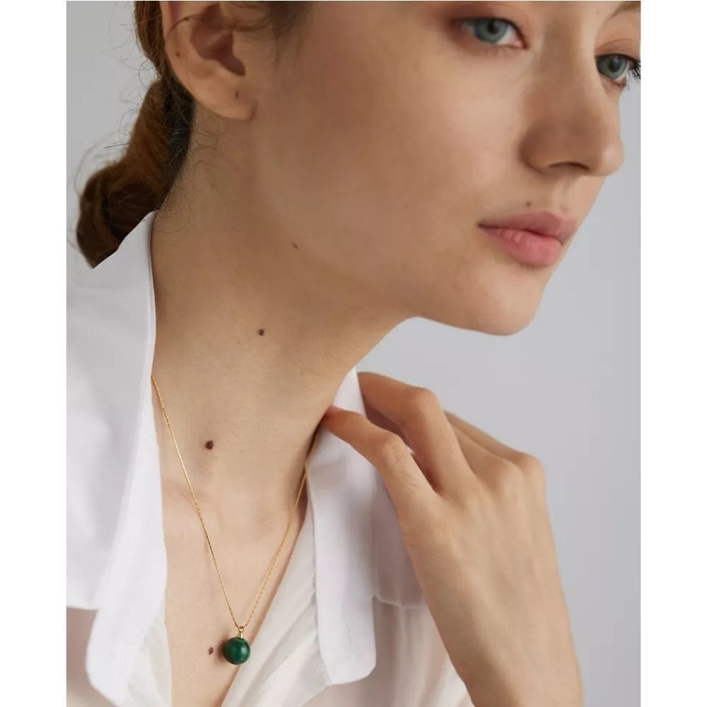 Green Malachite Round Ball 18K Gold Plated Stainless Steel Pendant Necklace